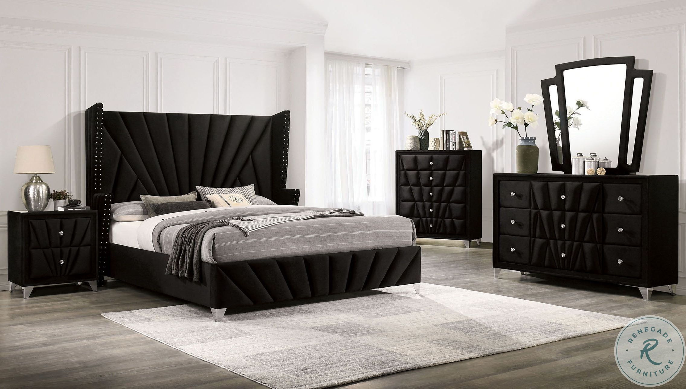 Carissa Black Upholstered Wingback Panel Bedroom Set from Furniture of
