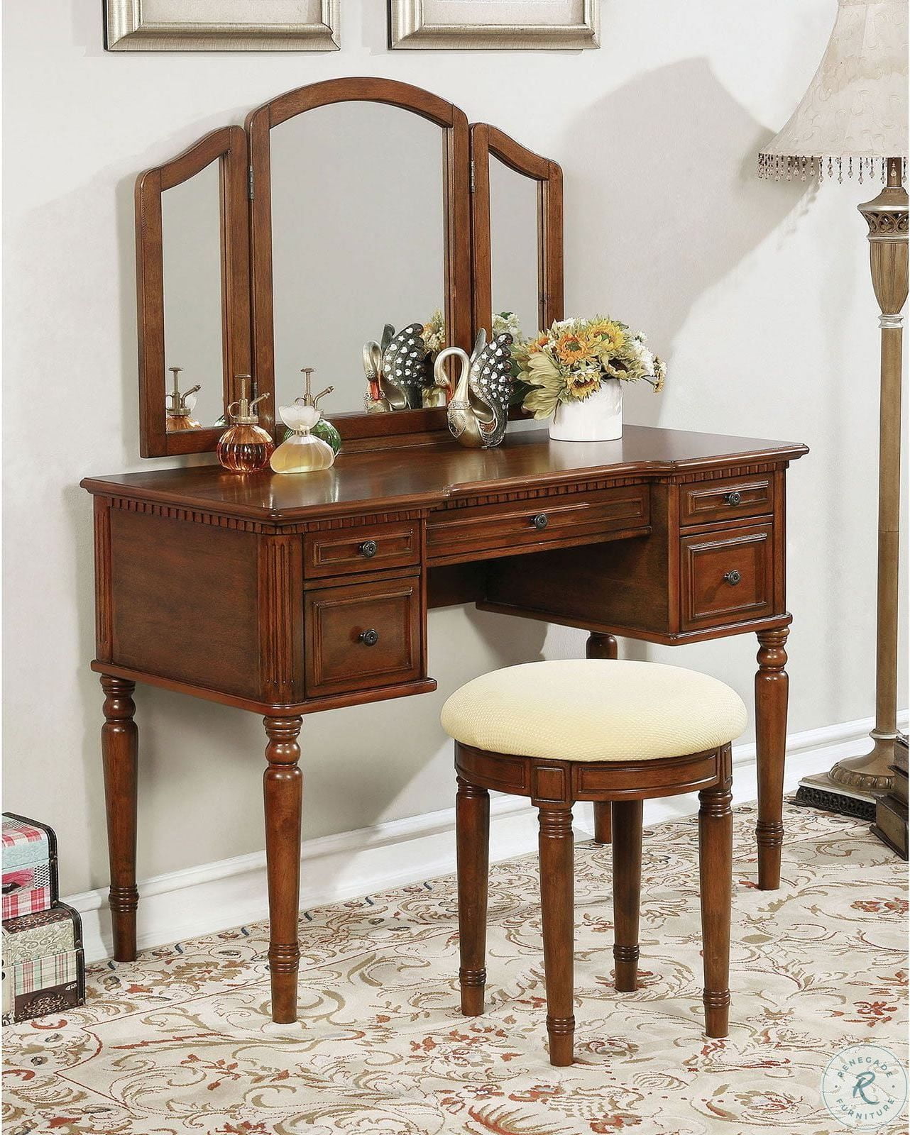Natalia Brown Cherry Vanity Set with Mirror and Stool