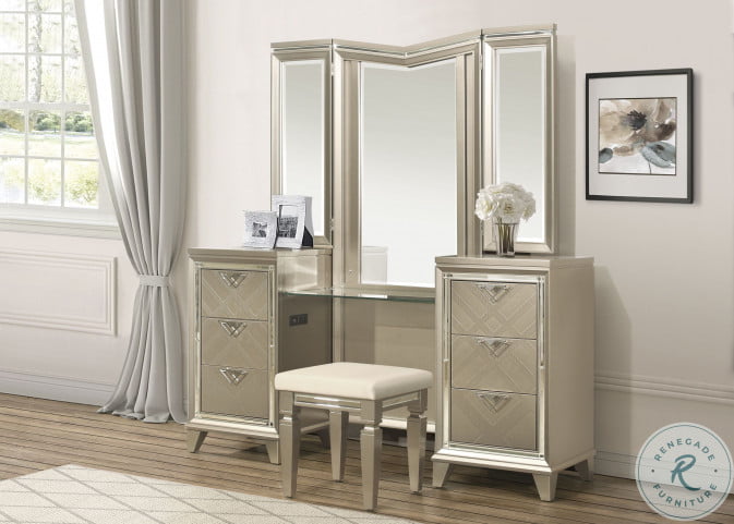 Bijou Champagne Metallic Vanity With Mirror And LED Lighting