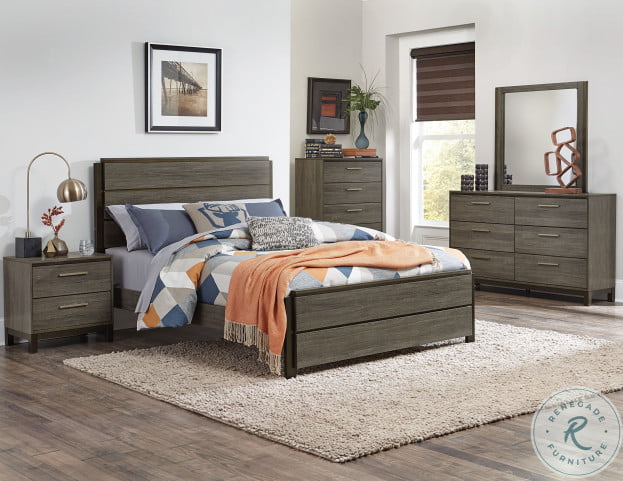 Grey bedroom outlet with brown furniture
