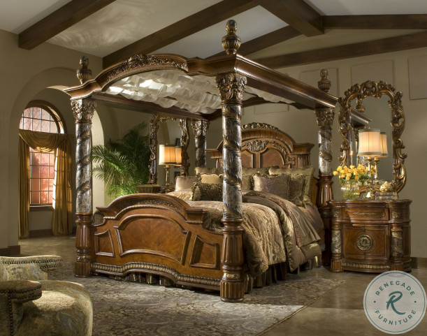 Royale poster canopy bedroom set cheap with marble and leather accents