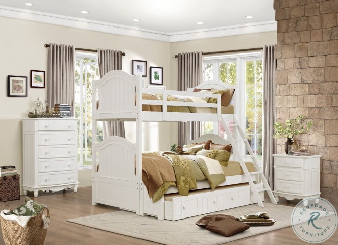 Clementine White Twin Over Full Bunk Bed With Trundle