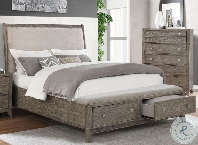 Shores Brushed Brown Queen Upholstered Storage Sleigh Bed with
