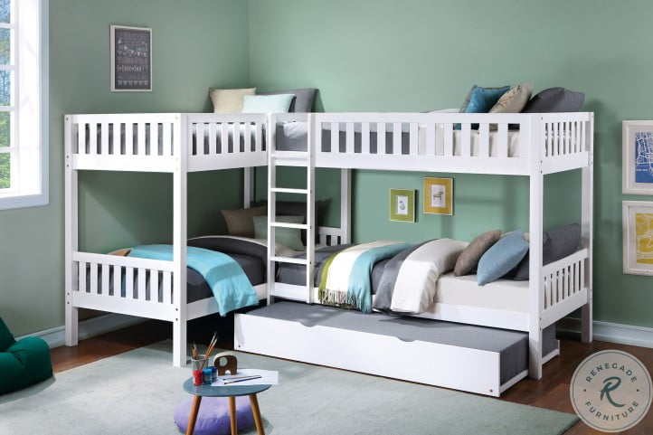 Galen White Twin Corner Bunk Bed With Trundle