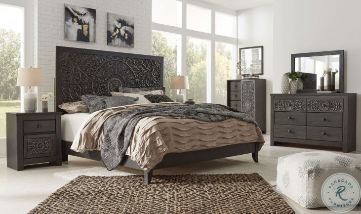 Paxberry Vintage Aged Black And Brown King Panel Bed