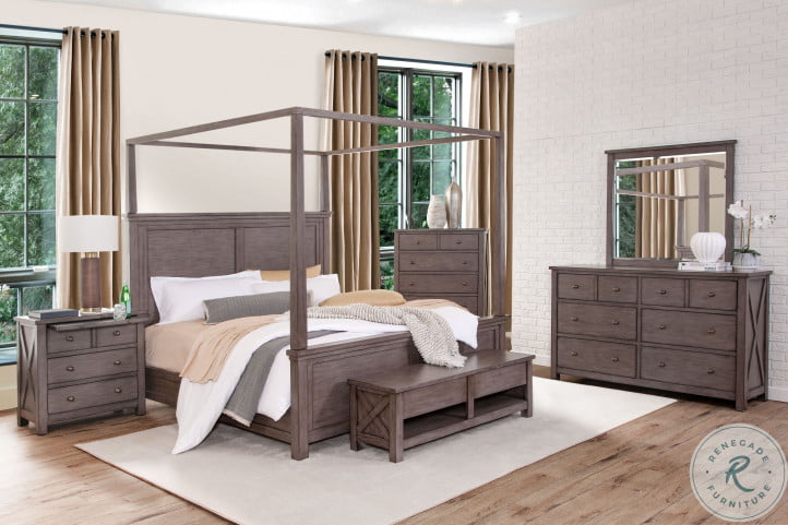 Modern Farmhouse Distressed Light Gray Canopy Bedroom Set from Avalon  Furniture | Home Gallery Stores