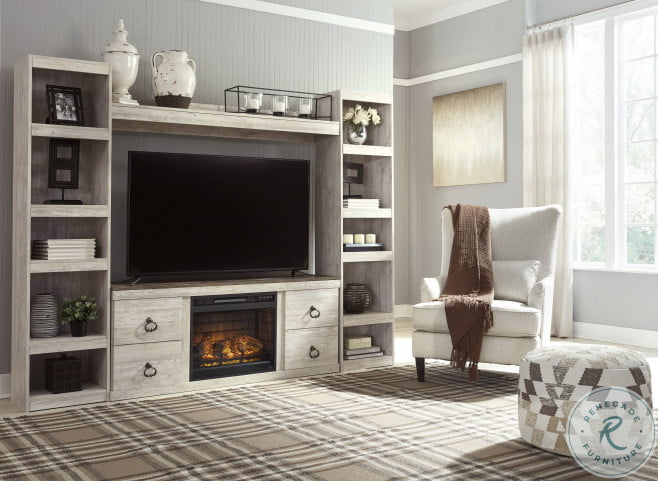 Willowton Whitewash Entertainment Wall with Infrared Fireplace Insert From  Ashley Furniture | Home Gallery Stores