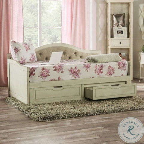Maureena Antique White Upholstered Daybed With Extentable Trundle