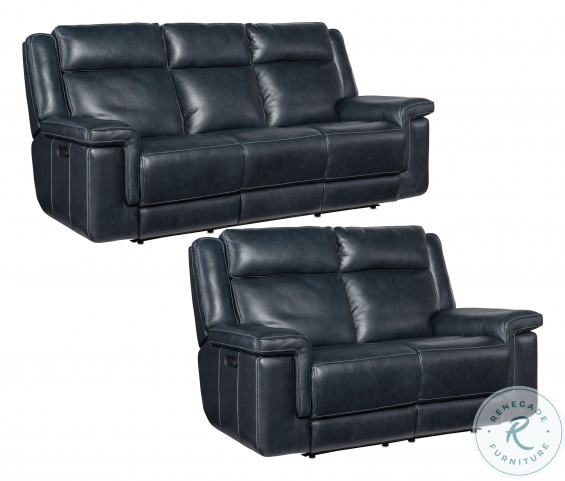 Montel Blue Leather Lay Flat Power Reclining Loveseat with Power