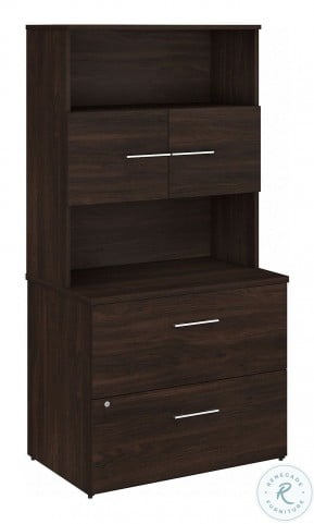 Black lateral file cabinet with hutch top