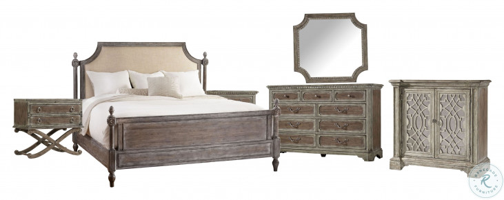 True Vintage Light Wood King Upholstered Poster Bed