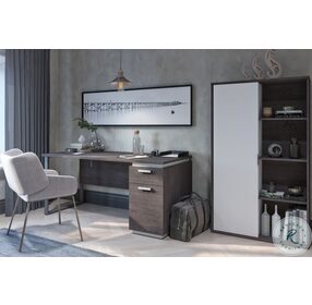 Aquarius Bark Grey And White 2 Piece Desk With Single Pedestal And Storage Unit With 8 Cubbies