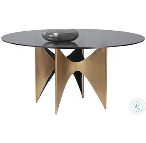 London Antique Gold Stainless Steel and Smoke Gray 59" Round Glass Dining Room Set