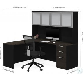 Pro Concept Plus White and Deep Grey and Black L Desk with Frosted Glass Hutch