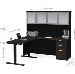 Pro Concept Plus Deep Grey and Black Adjustable Height L Desk with Frosted Glass Hutch