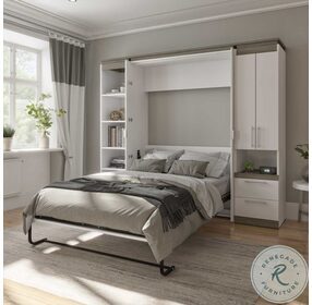 Orion White And Walnut Grey 98" Full Murphy Bed With Narrow Storage Solutions