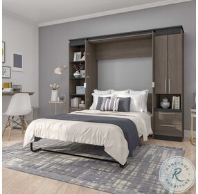 Orion Bark Gray And Graphite 98" Full Murphy Bed And Narrow Storage Solutions With Drawers