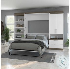 Orion White And Walnut Grey 118" Full Murphy Bed With Multifunctional Storage