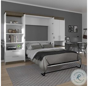 Orion White And Walnut Grey 118" Full Murphy Bed And Multifunctional Storage With Drawers