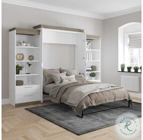 Orion White And Walnut Grey 124" Queen Murphy Bed And 2 Shelving Units With Drawers