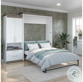 Orion White And Walnut Grey 94" Queen Murphy Bed And Storage Cabinet With Pull Out Shelf