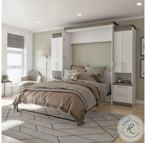 Orion White And Walnut Grey 104" Queen Murphy Bed And 2 Storage Cabinets With Pull Out Shelves