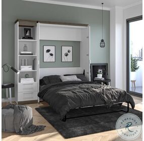 Orion White And Walnut Grey 78" Full Murphy Bed And Narrow Shelving Unit With Drawers