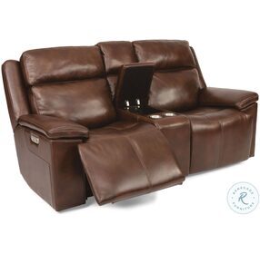 Chance Light Brown Leather Power Reclining Console Loveseat With Power Headrest And Footrest