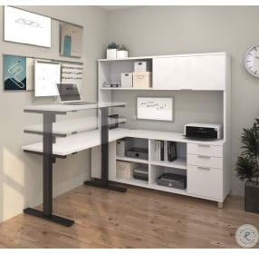 Pro-Linea White L-Desk with Hutch with Electric Height Adjustable Table