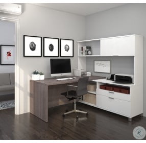 Pro-Linea White & Bark Grey Drawer L-Desk With Hutch