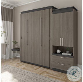 Orion Bark Gray And Graphite 94" Queen Murphy Bed And Storage Cabinet With Pull Out Shelf
