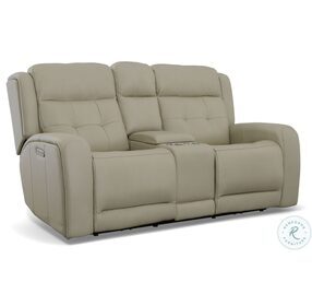 Grant Beige Leather Power Reclining Console Loveseat With Power Headrest And Footrest