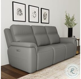 Sawyer Light Gray Leather Power Reclining Sofa With Power Headrest And Lumbar