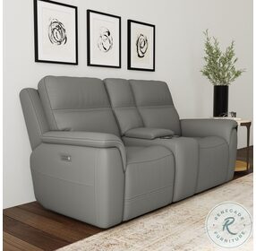 Sawyer Light Gray Leather Power Reclining Console Loveseat With Power Headrest And Lumbar