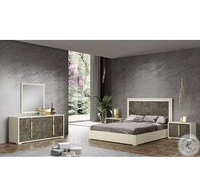 Sonia Pearl Lacquer Queen Platform Bed With Gold Accents