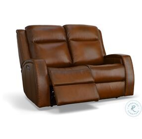 Mustang Brown Leather Power Reclining Loveseat With Power Headrest And Footrest