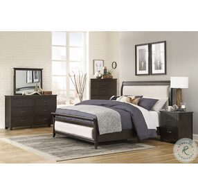 Hebron Dark Cherry And Beige Upholstered King Sleigh Bed
