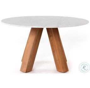 Sanders Rough White Marble And Natural Teak 54" Outdoor Dining Table