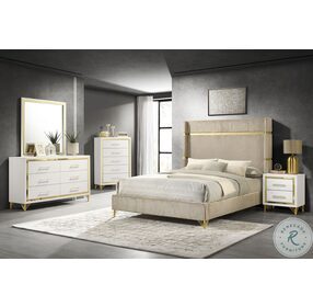 Lucia Beige Upholstered Wingback Queen Panel Bed