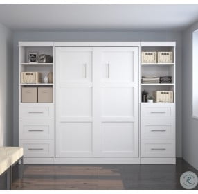 Pur White 109" Full Murphy Bed and 2 Shelving Units with Drawers