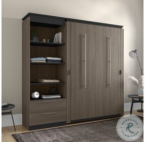 Orion Bark Gray And Graphite 88" Full Murphy Bed And Shelving Unit With Drawers
