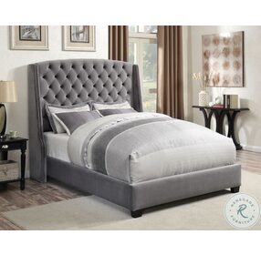 Pissarro Grey Velvet Upholstered King Panel Bed