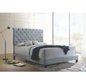 Warner Slate Blue Velvet Upholstered King Panel Bed