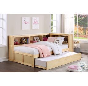 Bartly Natural Pine Twin Bookcase Corner Bed With Twin Trundle