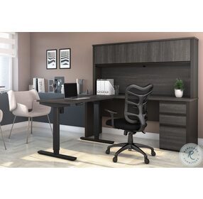 Prestige Bark Grey And Slate 71" 2 Piece L Shaped Adjustable Desk With Hutch