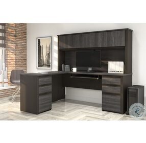 Prestige Bark Grey And Slate 71" Modern L Shaped Office Desk With Two Pedestals And Hutch