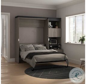 Orion Bark Grey And Graphite 89" Full Murphy Bed And Shelving Unit With Fold Out Desk