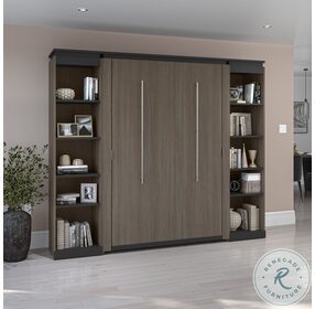 Orion Bark Gray And Graphite 98" Full Murphy Bed With 2 Narrow Shelving Units