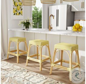 Tobias Distressed Yellow and White Rattan 24" Counter Height Stool