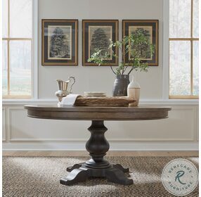 Americana Farmhouse Wire Brushed Dusty Taupe Single Pedestal Dining Room Set